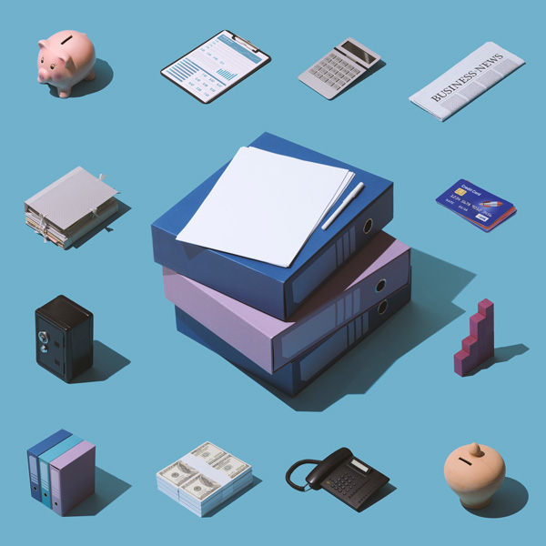 Isometric business, banking and finance items collage and pile of folders